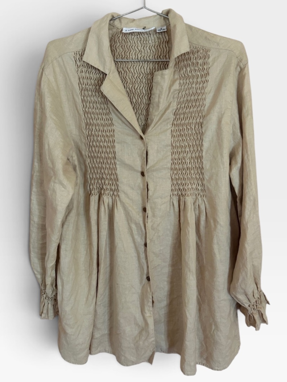 Anne Klein tan Beige Smocked Front Button-Down Linen Shirt size small